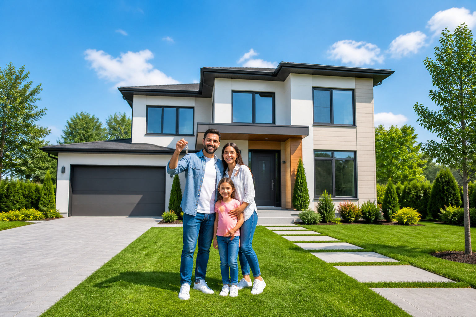 Famille joyeuse devant sa nouvelle maison moderne