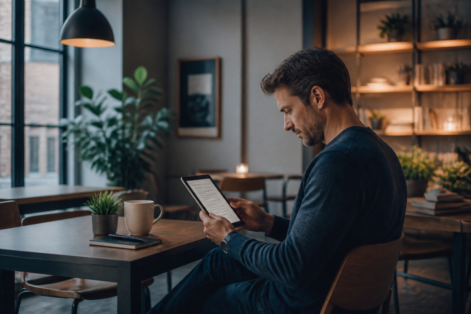 Homme absorbe par sa tablette dans un cafe moderne