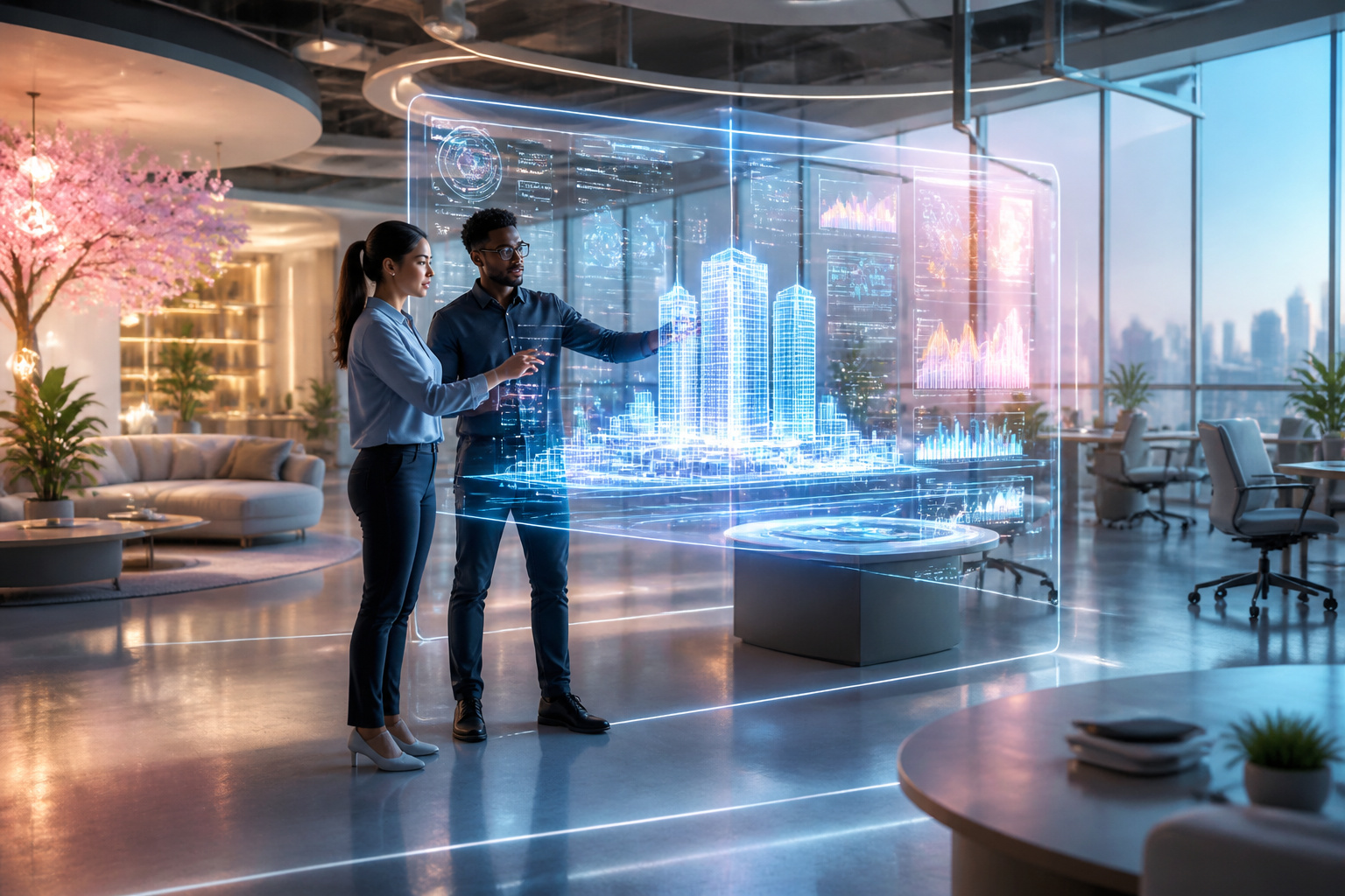 Collaboration futuriste dans un bureau moderne